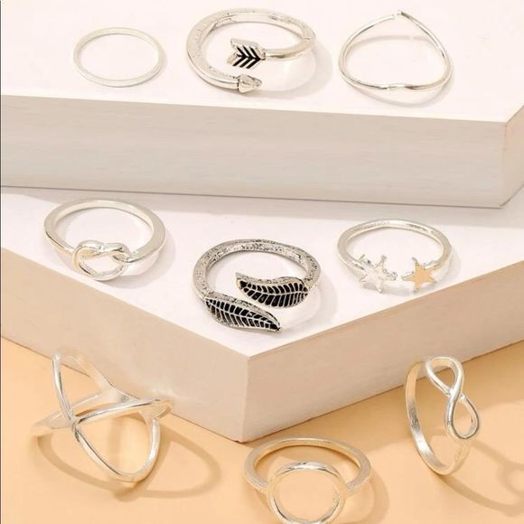 ❗️3/$30❗️Silver 9pc Leaf & Star Ring Set - Picture 2 of 2